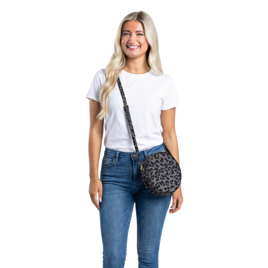 Dottie Round Crossbody - Grey Leopard Hair-On Leather Bag