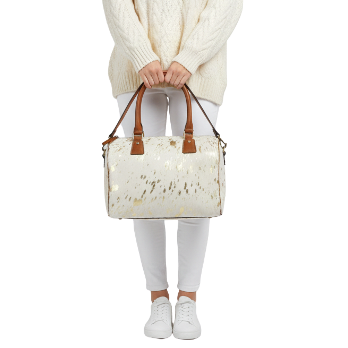 Mable Zippy Natural Cow Hair-On Leather Handbag - Brown Leather Trim