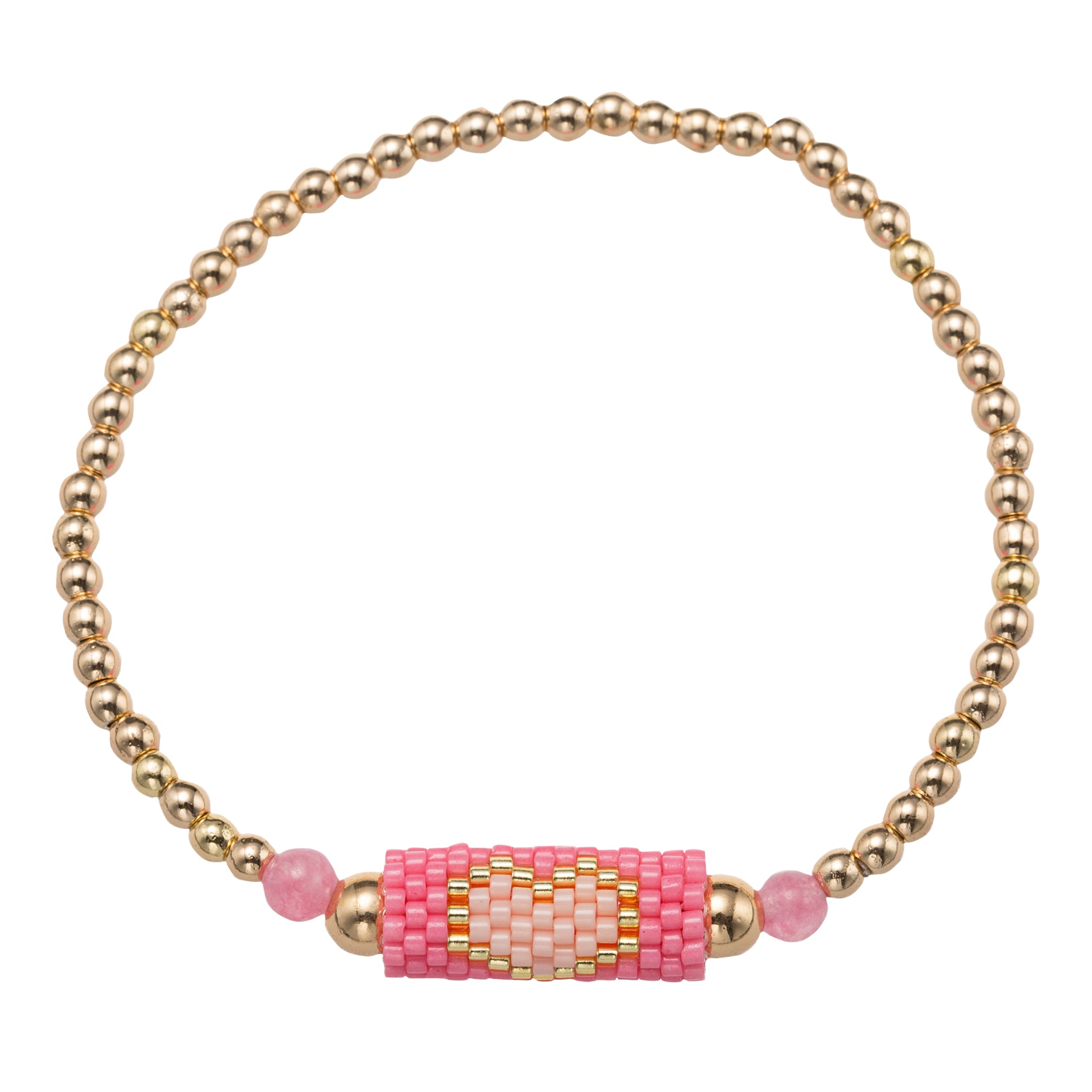 Kids Gold Beaded Bracelet with Pink Sead Bead Cylinder Heart