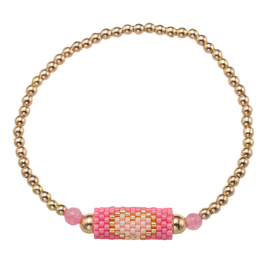 Kids Gold Beaded Bracelet with Pink Sead Bead Cylinder Heart