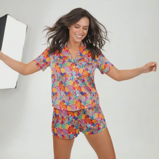 Tropical Satin Pajama Short Set