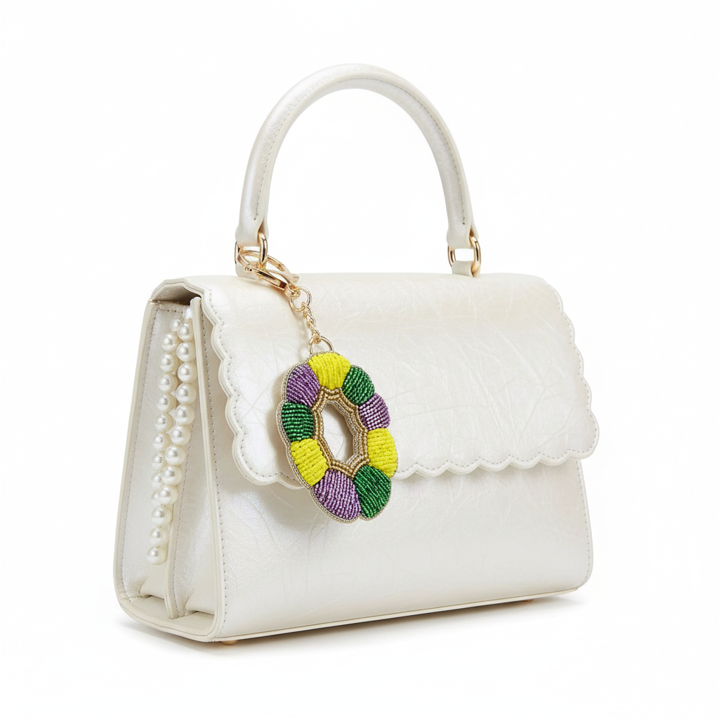 Purple Green Yellow & Gold Beaded King Cake Keychain & Bag Charm