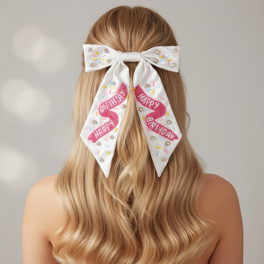 White Satin Beaded Hair Bow with Happy Birthday Sprinkles