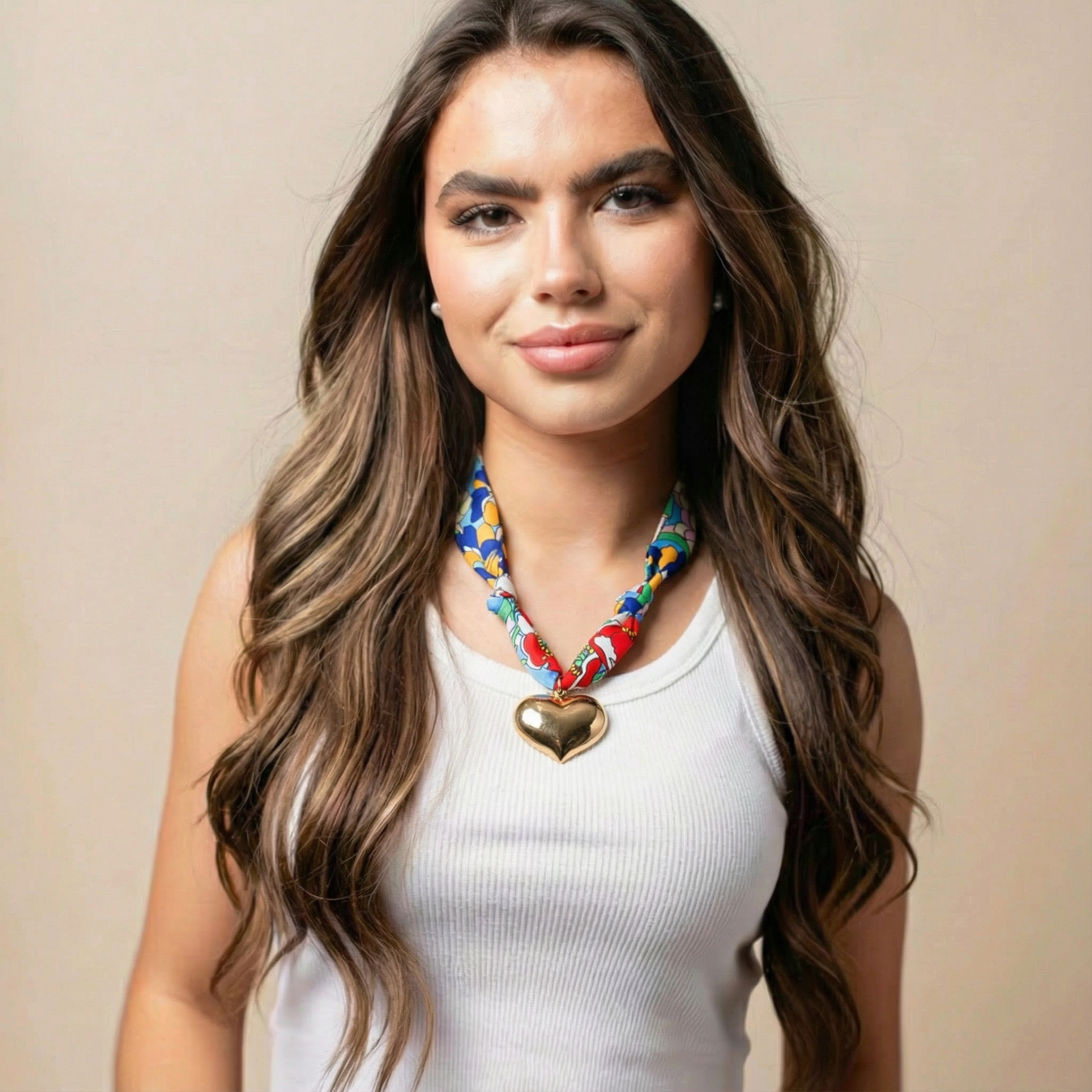 Floral Pattern Tie Necklace with Gold Heart