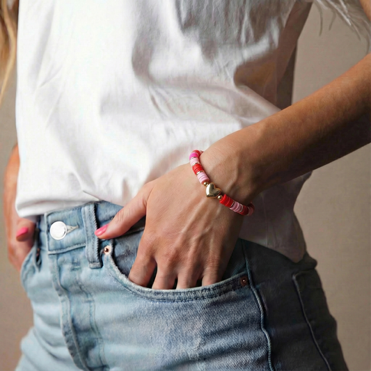 Red, Hot Pink, Light Pink Rubber Disk Beaded Stretch Bracelet with Gold Heart