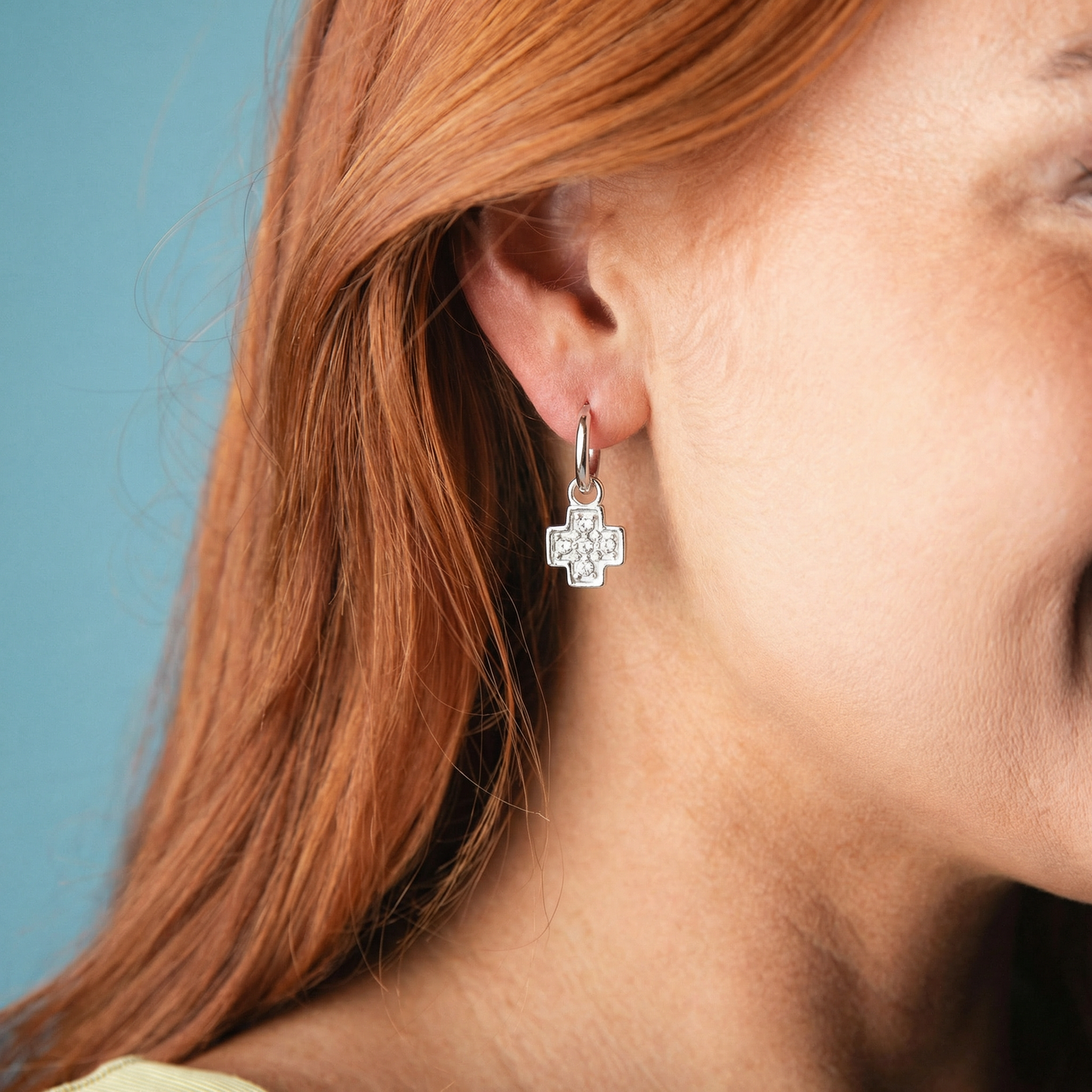 Silver Huggie Earring with Clear Crystal Cross