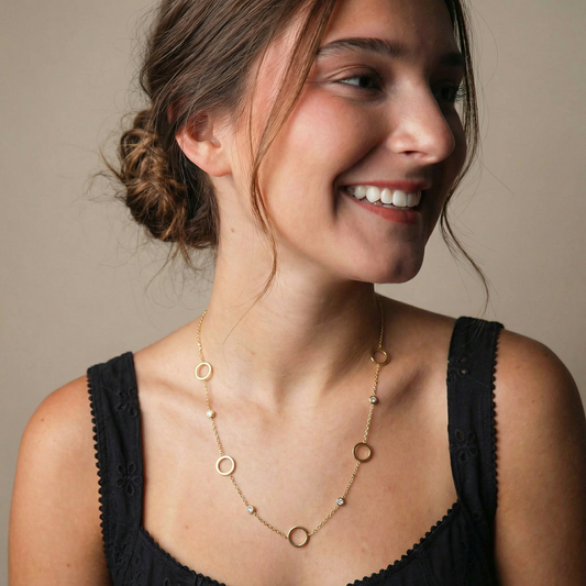 18K Gold Plated O-Shaped Chain Necklace with Clear Crystals & Gold Circles