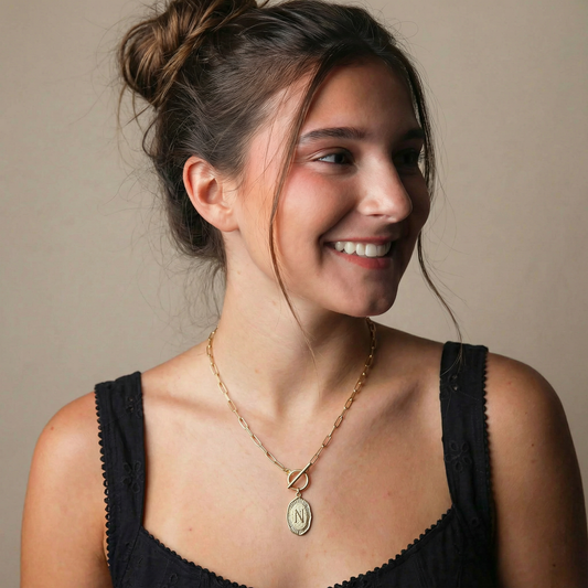 16" Gold Stamped "N" Initial with Link Chain and Toggle Closure Necklace