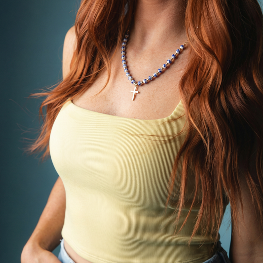 Half Blue Floral Beaded with Cross O Chain Necklace
