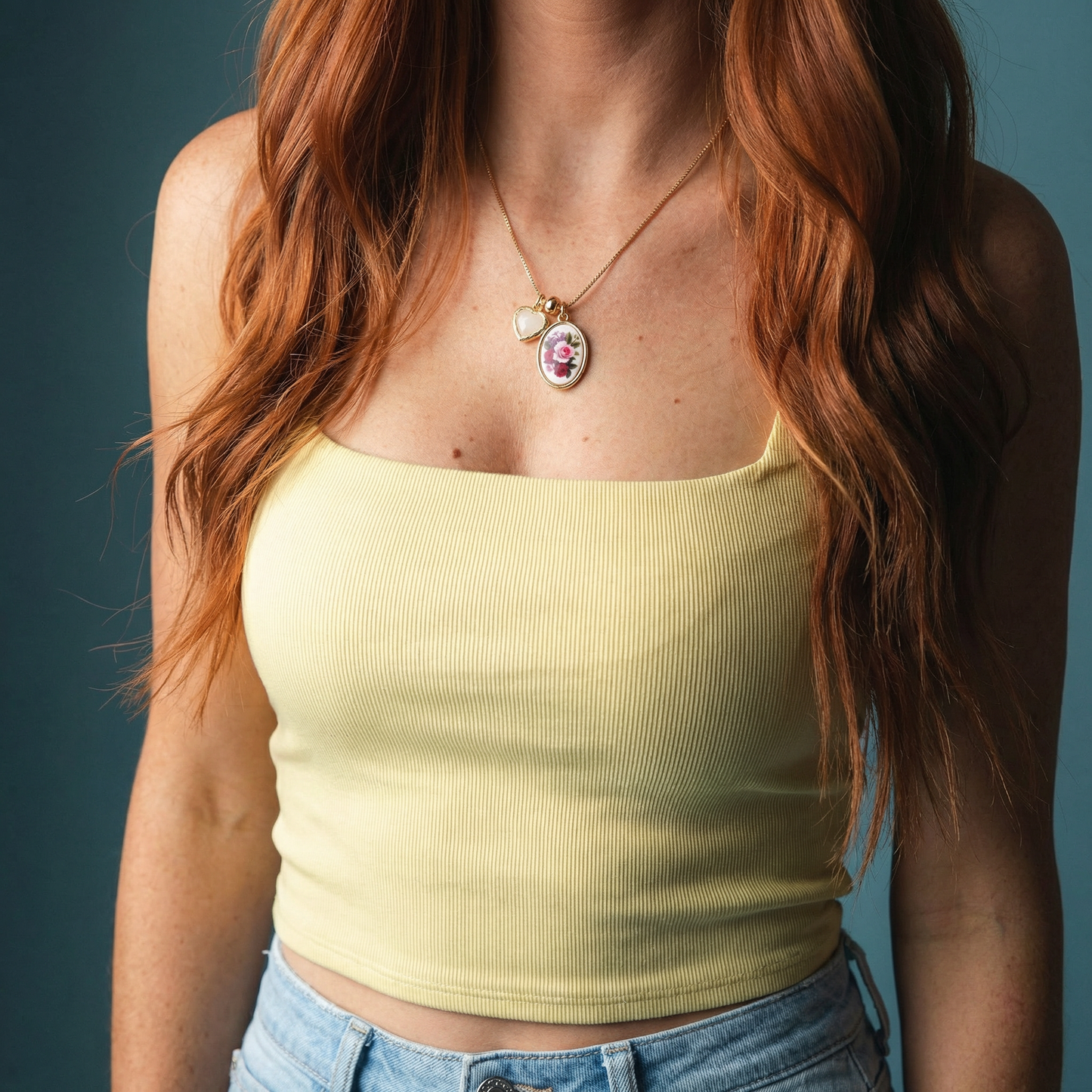 Floral Oval and Heart Charms Box Necklace