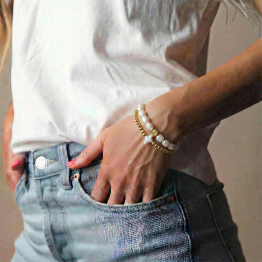 18k Gold Plated Set of 2 Pearl, Gold Beaded Stretch Bracelet with Pearl Cross