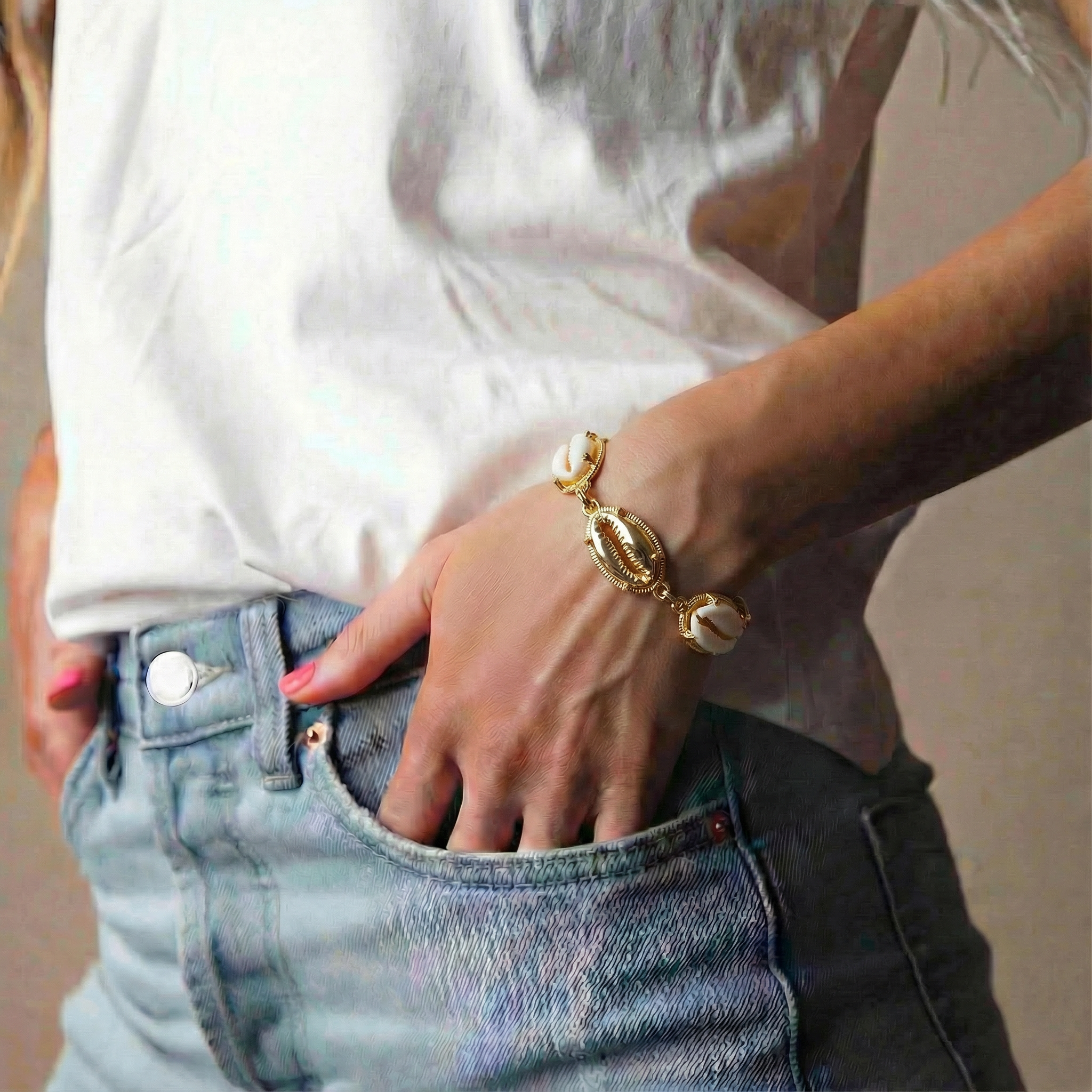 18k Gold Plated Gold, Pearl Station Chain Cowrie Shells Toggle Bracelet