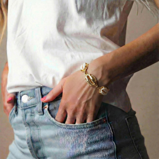 18k Gold Plated Gold, Pearl Station Chain Cowrie Shells Toggle Bracelet