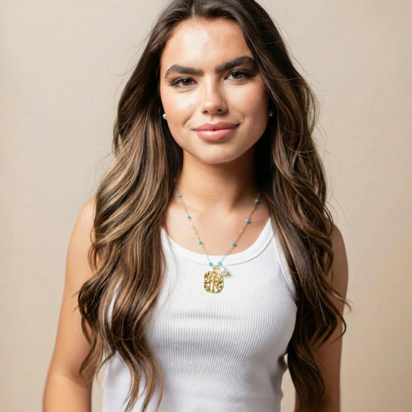 18k Gold Plated Chain with Blue Faceted Bead Stations Necklace with Plate with Cross, Pearl