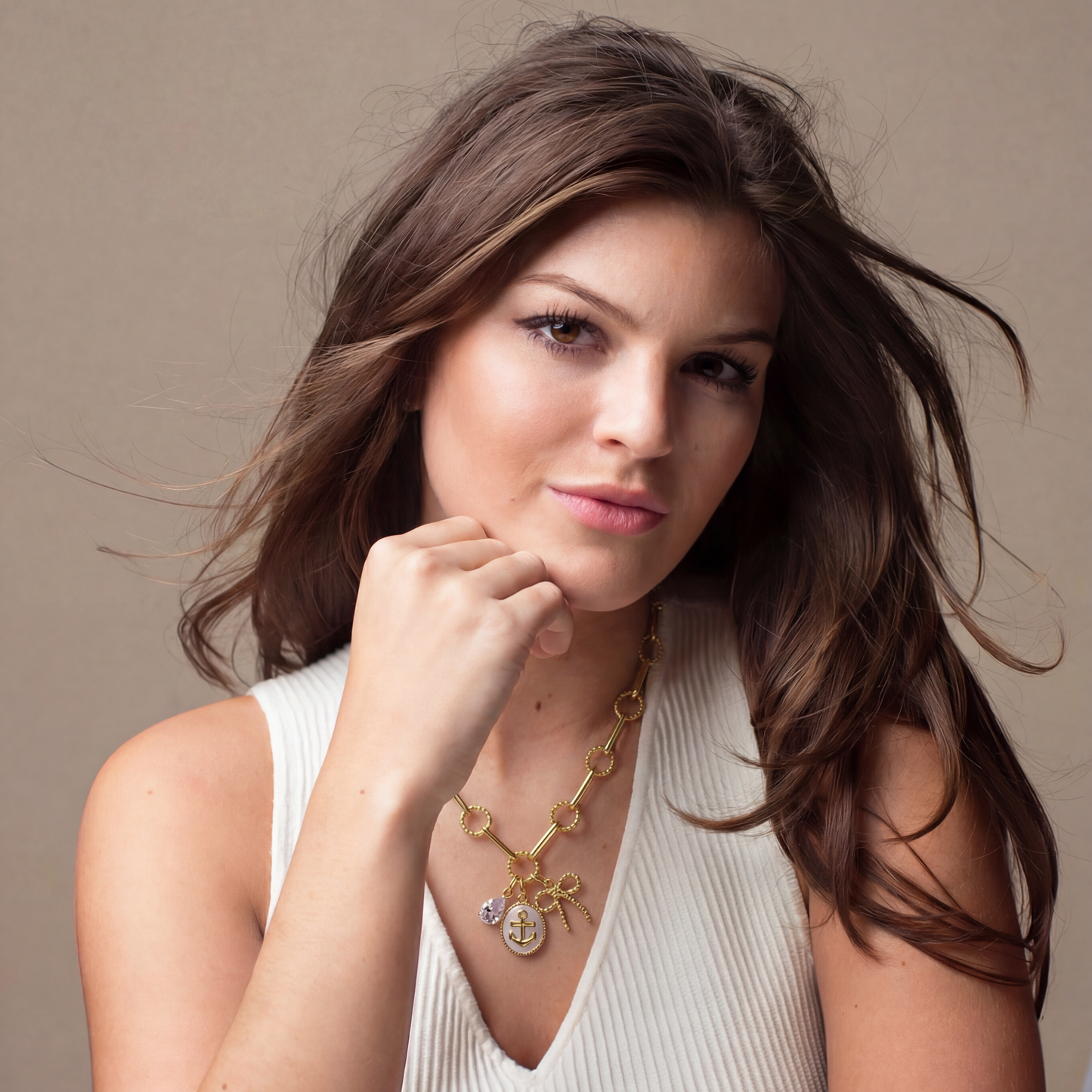 18k Gold Plated Round Disk, Oval Link Chain Necklace with Bow, Anchor, Crystal Teardrop