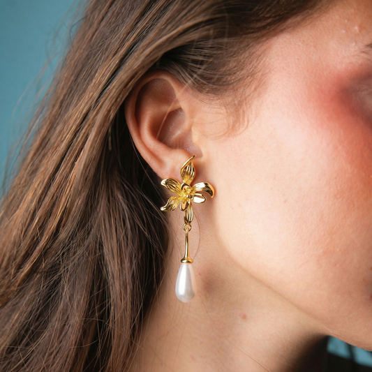 Gold Flower Post with Pearl Teardrop Earring