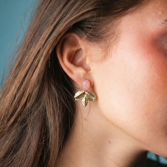 Pink, Gold Gemstone Post with Gold Leaf Fan Earring