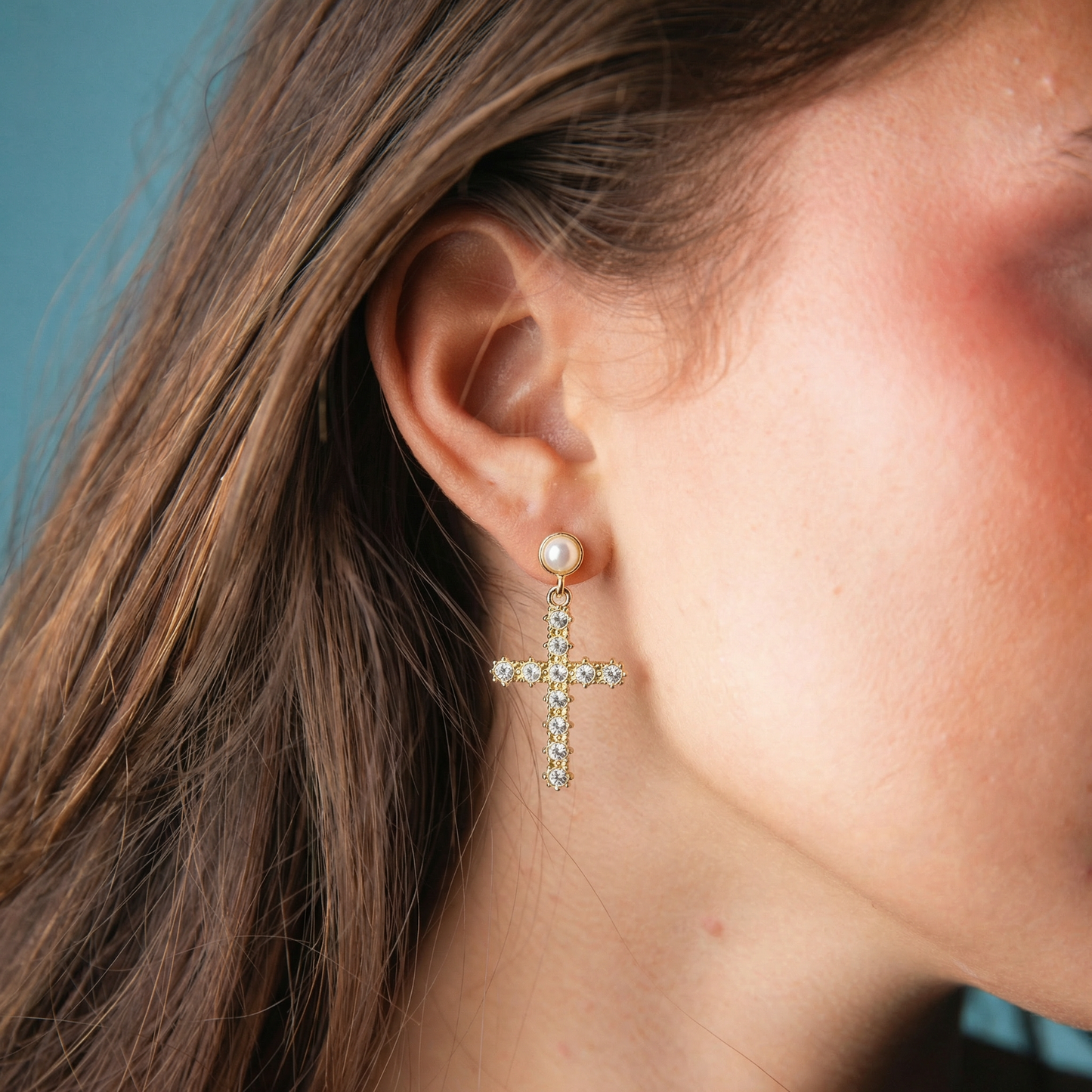 Pearl, Gold Circle Post with Clear Crystal Cross Earring